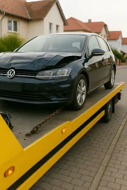 Ein defektes Fahrzeug wird zum Autoankauf in Herdecke abgeschleppt, um eine faire Bewertung zu erhalten.